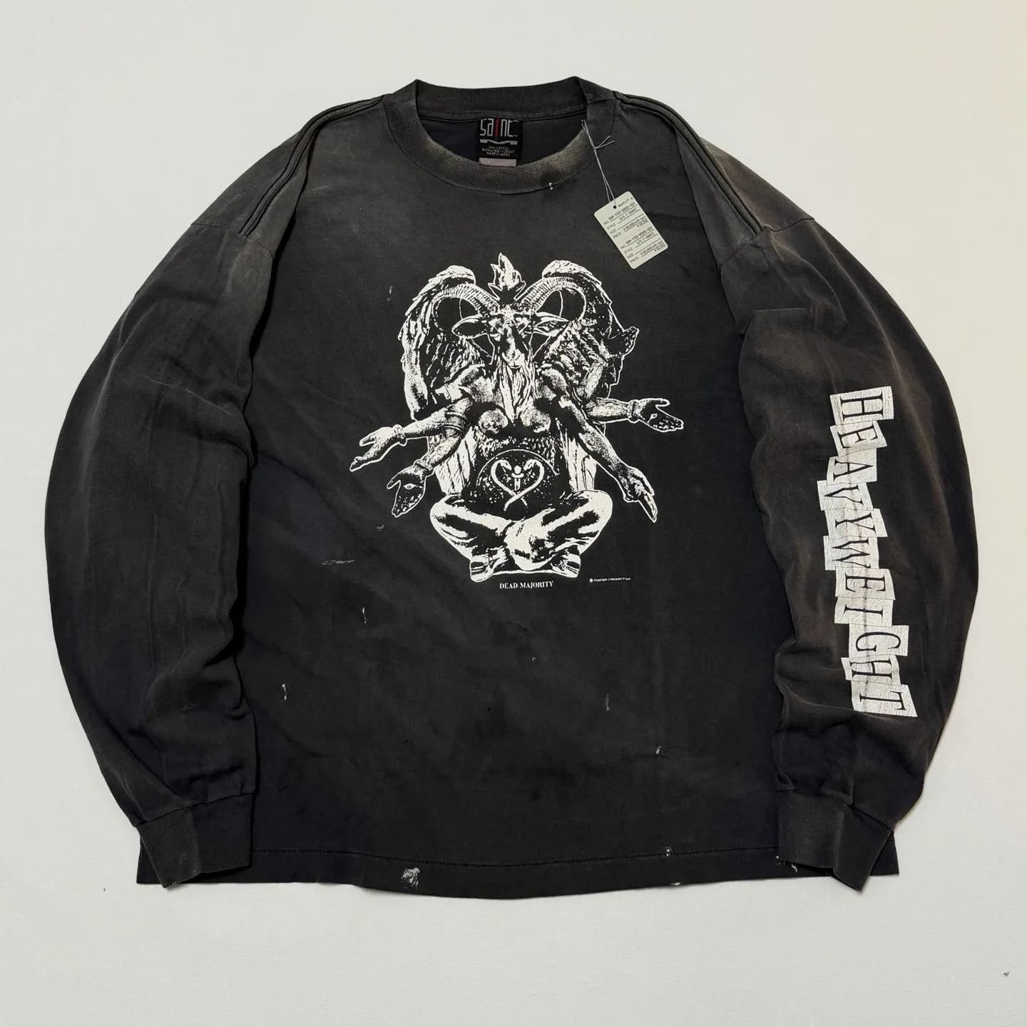 SAINT Mxxxxxx LS TEE/HEAVY WEIGHT/BLK sheep head devil distressed long sleeves, washed black S-XL 25 autumn and winter latest style, cylindrical side seam fabric, heavy wash water, faded and distressed, top printing technology, distressed crack treatment, correct version, original consistent main mark/washed mark/little angel anti-counterfeiting mark, hand-splashed ink graffiti, wormhole wear, top purchasing agent level